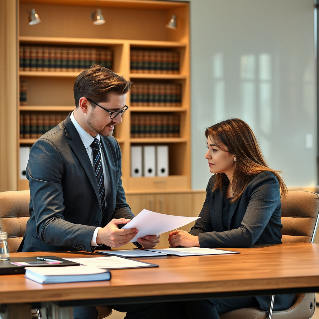 Professional lawyer providing legal consultation to fraud victim in modern Australian law office