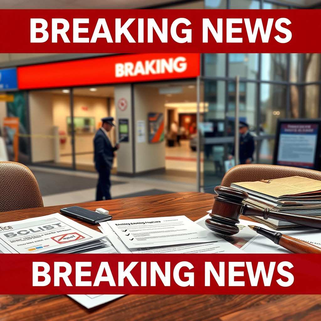Breaking news banner showing Sydney banking district with police investigation scene, fraud alert symbols, and legal documents scattered on desk representing major banking fraud case