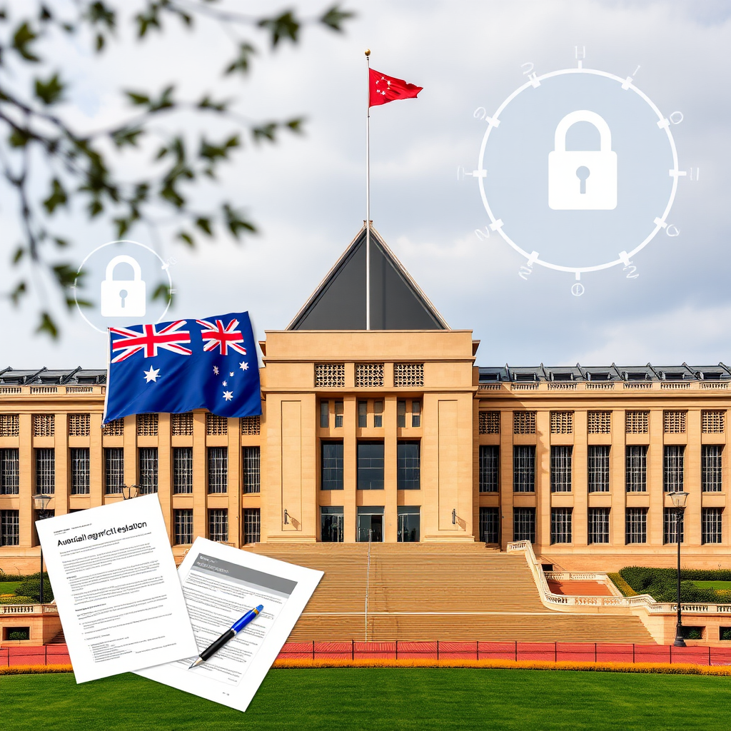 Australian Parliament House with digital security icons and legal documents representing new federal legislation for online fraud victim protection