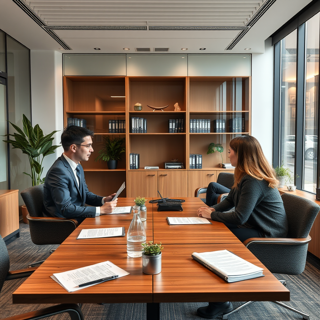 Modern legal office in Melbourne with professional lawyers consulting fraud victims, featuring contemporary furniture and legal documents on desks