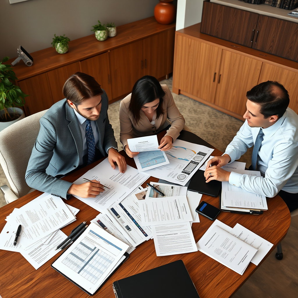 Professional legal team conducting comprehensive fraud case assessment with documents, evidence analysis, and strategic planning materials spread across a modern office desk