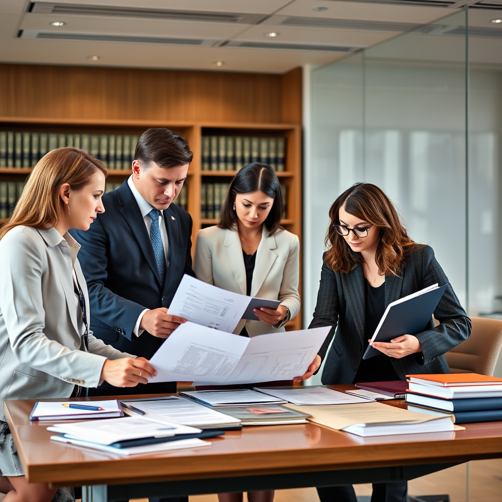 Professional legal team conducting comprehensive fraud case assessment in modern Australian law office with documents and evidence analysis