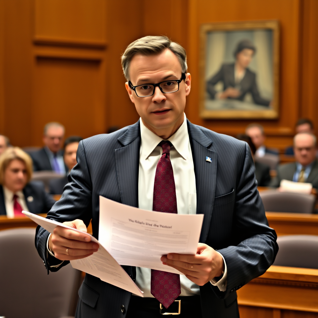 Professional lawyer representing fraud victim in courtroom, wearing formal business attire while presenting case documents to judge and jury