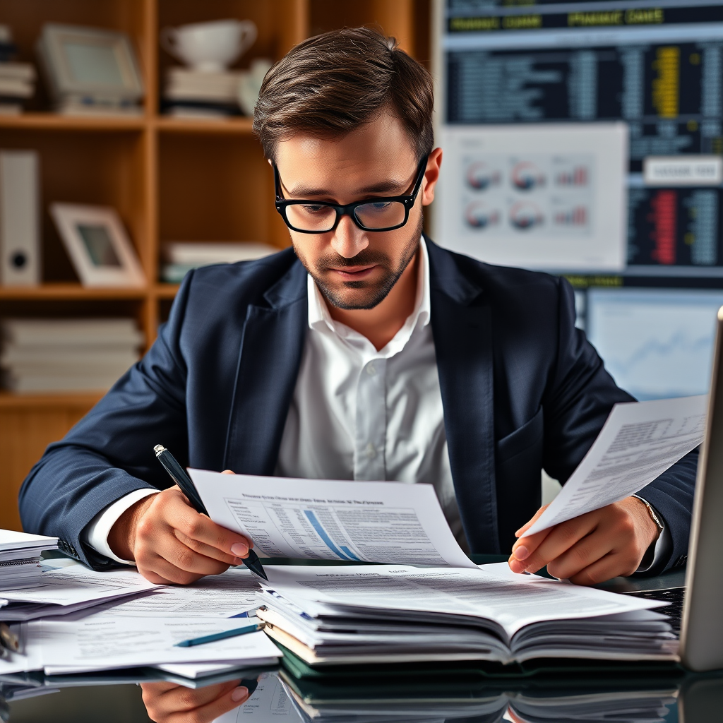 Professional forensic accountant analyzing financial documents and digital records to trace stolen assets for fraud victims
