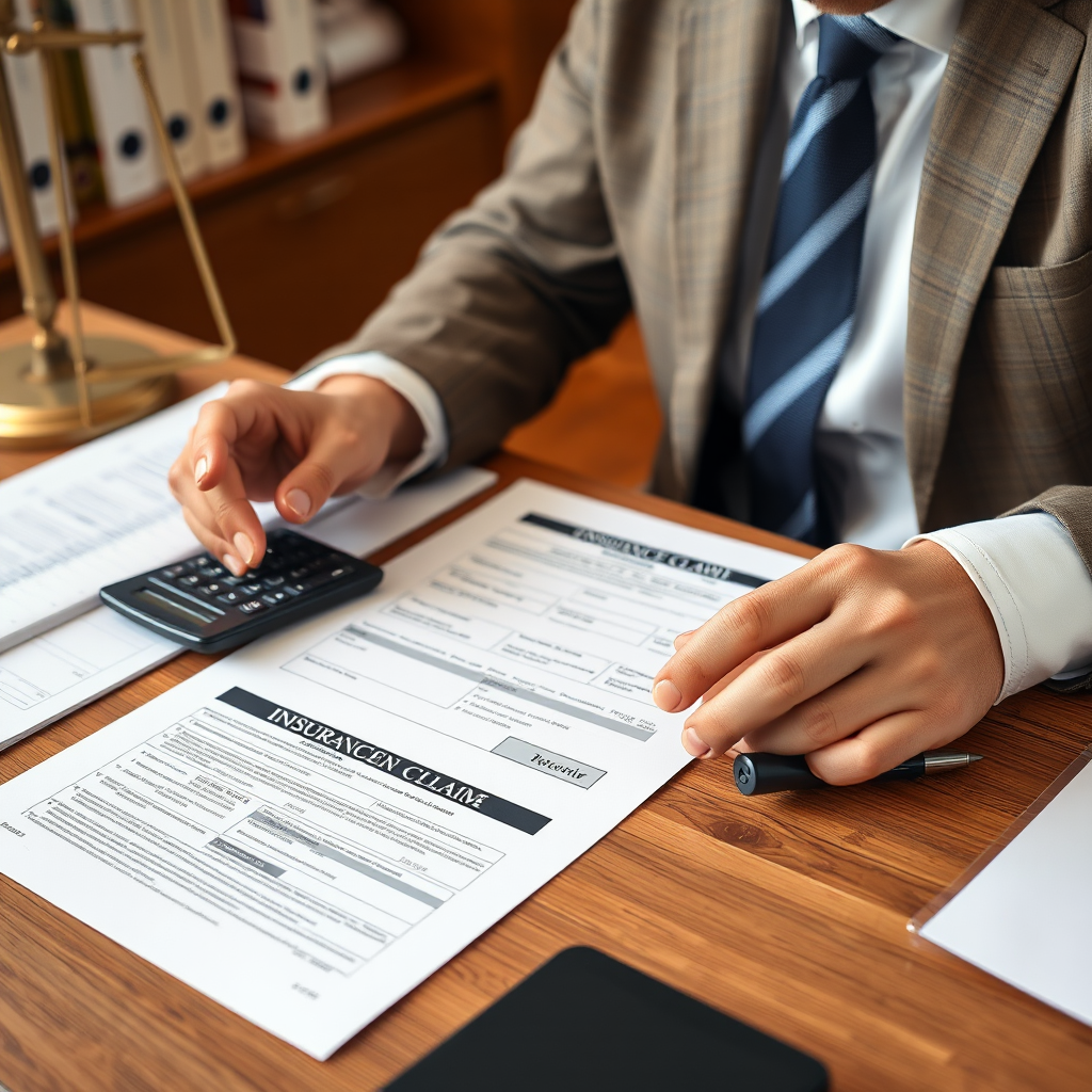 Professional lawyer reviewing insurance claim documents and paperwork on a desk with calculator and legal files