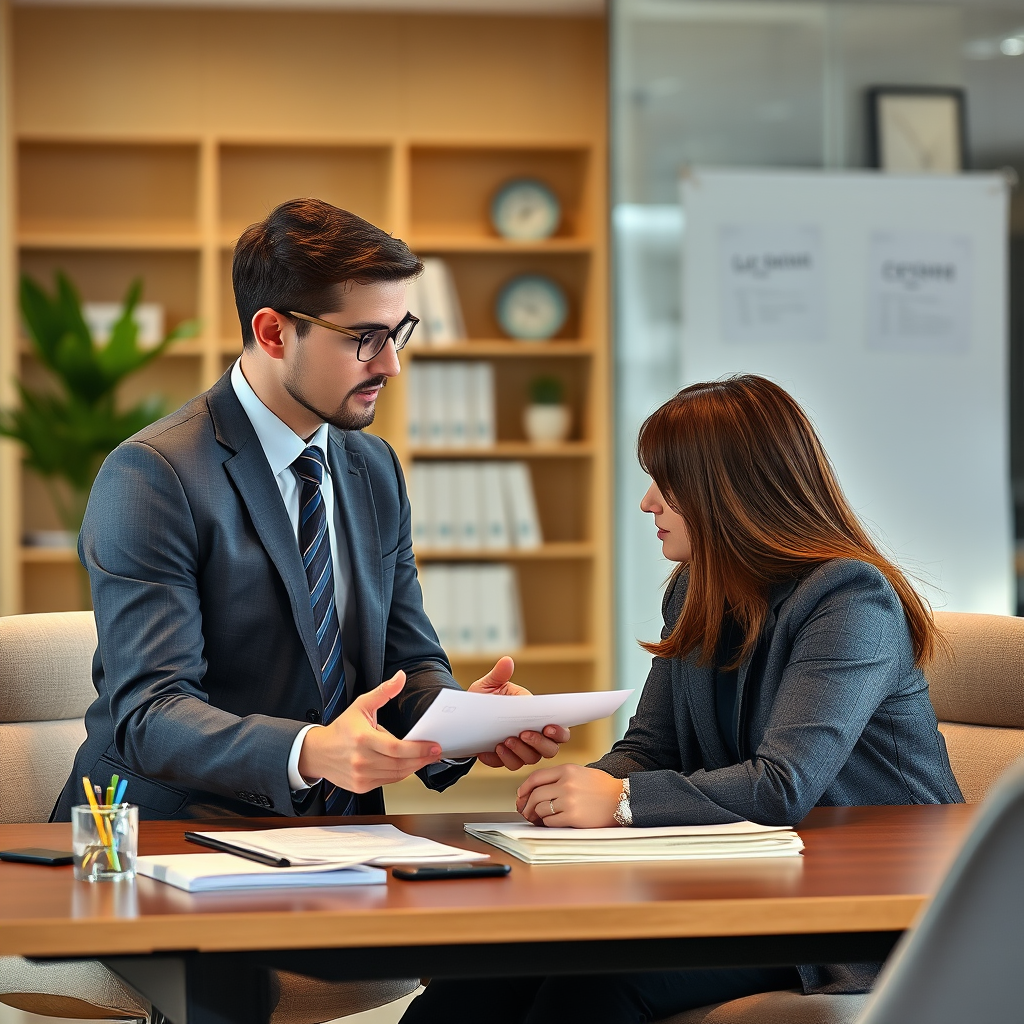 Professional lawyer consulting with client about financial crime case in modern office setting