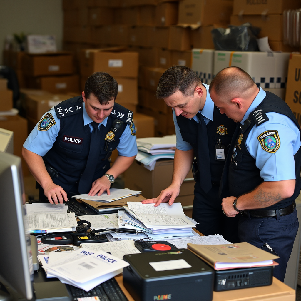 NSW Police detectives examining evidence including computers, phones, and financial documents during fraud investigation raid