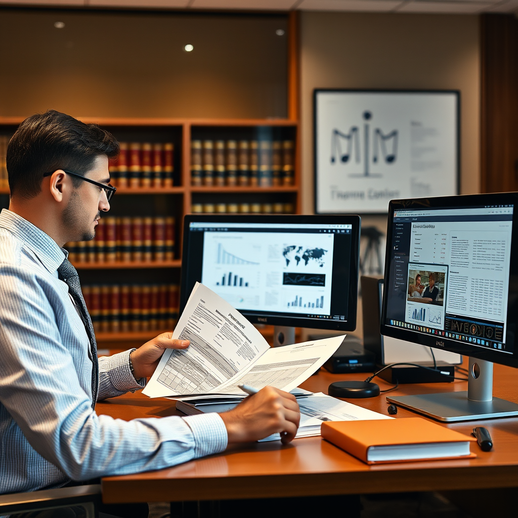 Legal professionals analyzing financial documents and digital evidence on computer screens in a modern law office setting