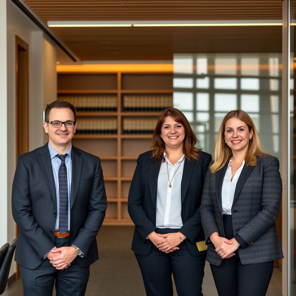 Professional portrait of three founding lawyers of the Melbourne fraud clinic, wearing business attire and standing in a modern law office