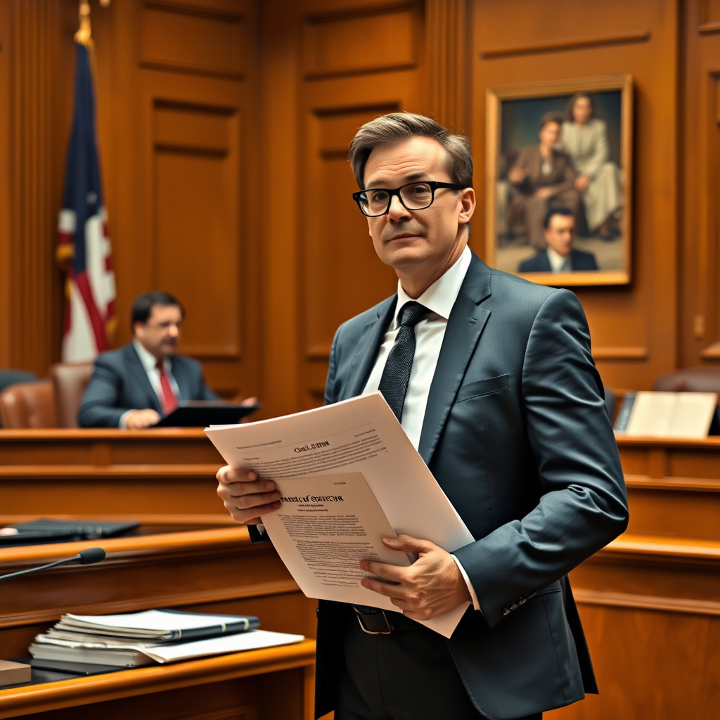 Professional solicitor representing fraud victim in courtroom, standing confidently before judge with legal documents and evidence, advocating for client rights and compensation