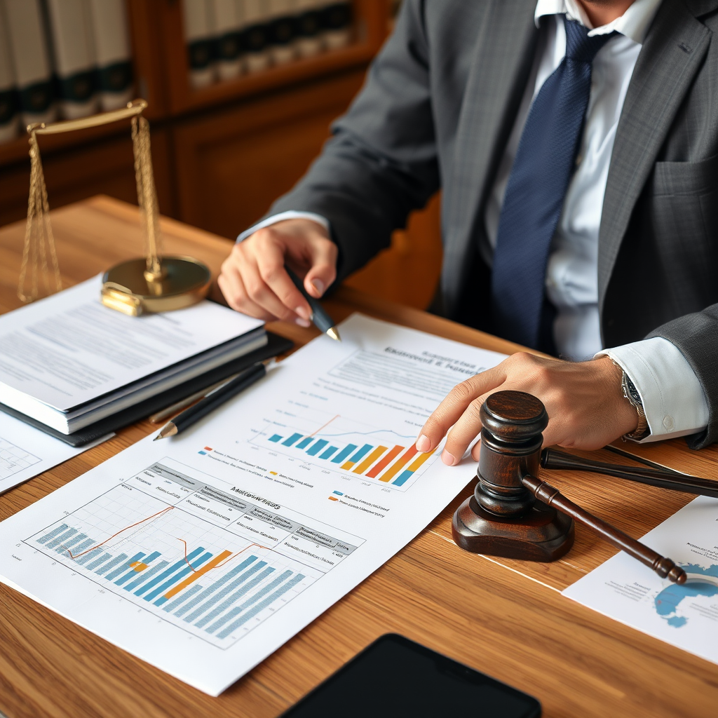 Australian legal professional reviewing fraud case documents and evidence with strategic planning materials on desk