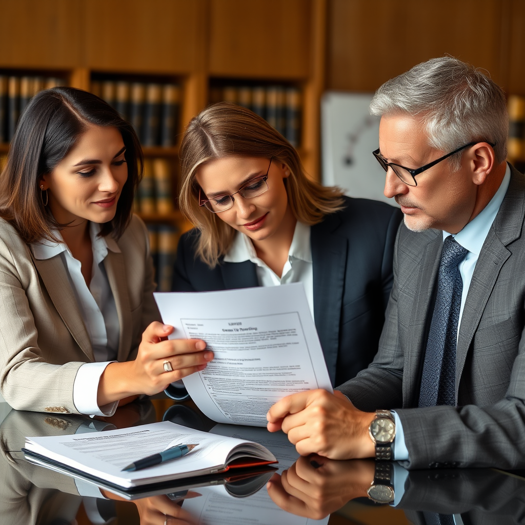Professional legal team reviewing asset recovery documentation and court orders for fraud victims seeking compensation