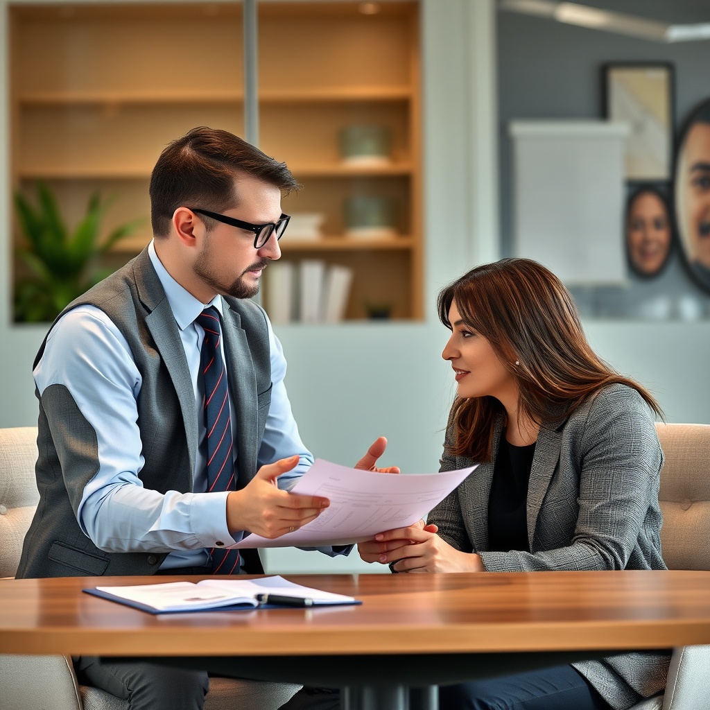 Professional lawyer consulting with fraud victim client about insurance claim strategy in modern office setting