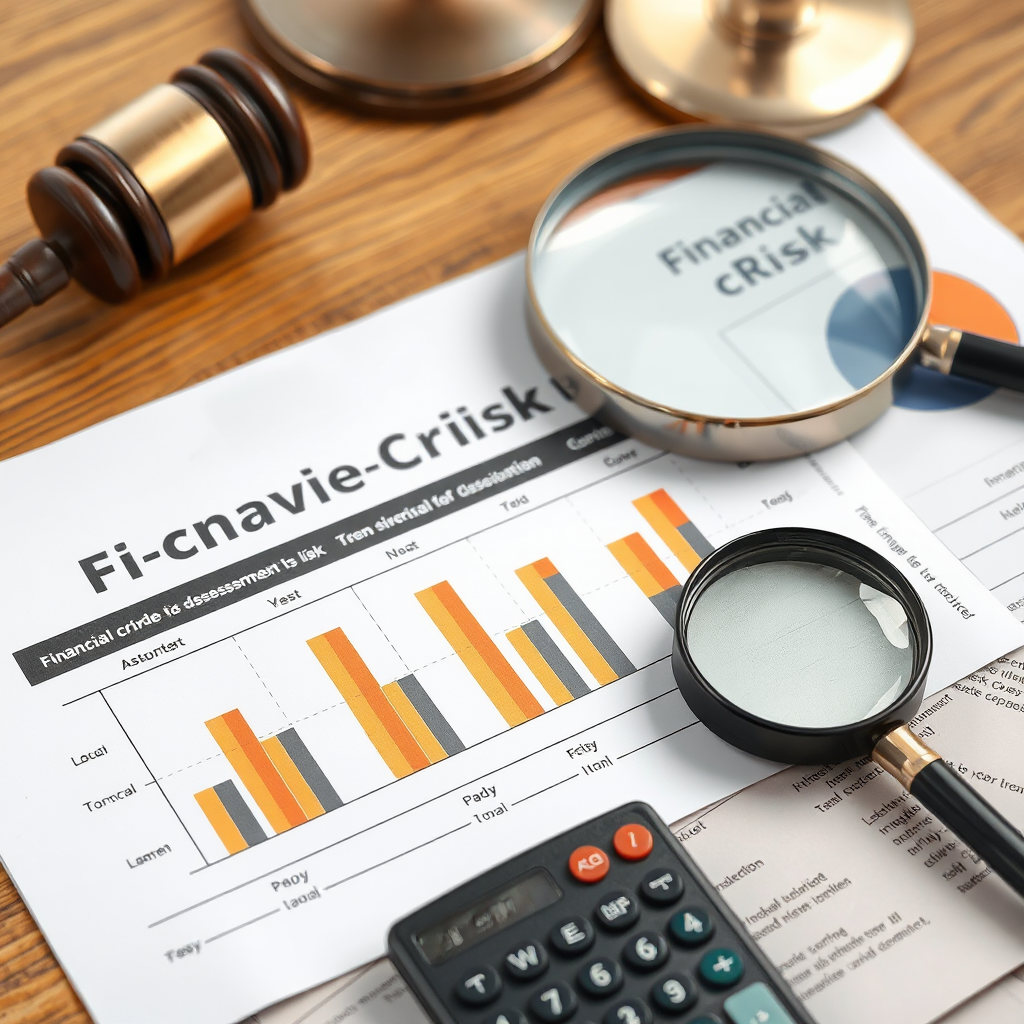 Financial crime risk assessment chart and legal documents on desk with calculator and magnifying glass