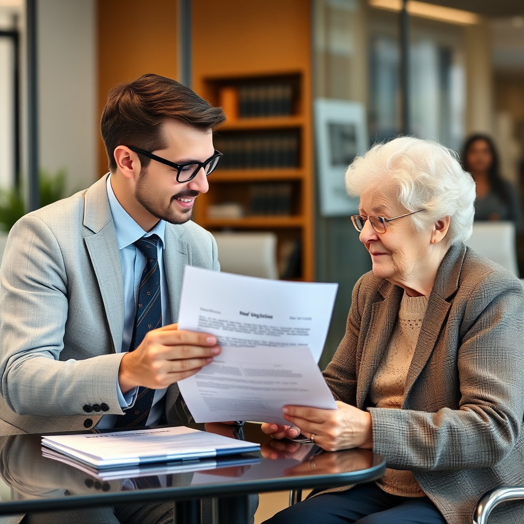 Professional lawyer consulting with elderly fraud victim, showing legal documents and providing compassionate legal assistance in modern law office