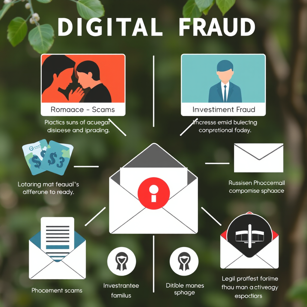 Infographic displaying various types of digital fraud including romance scams, investment fraud, and business email compromise with legal protection symbols