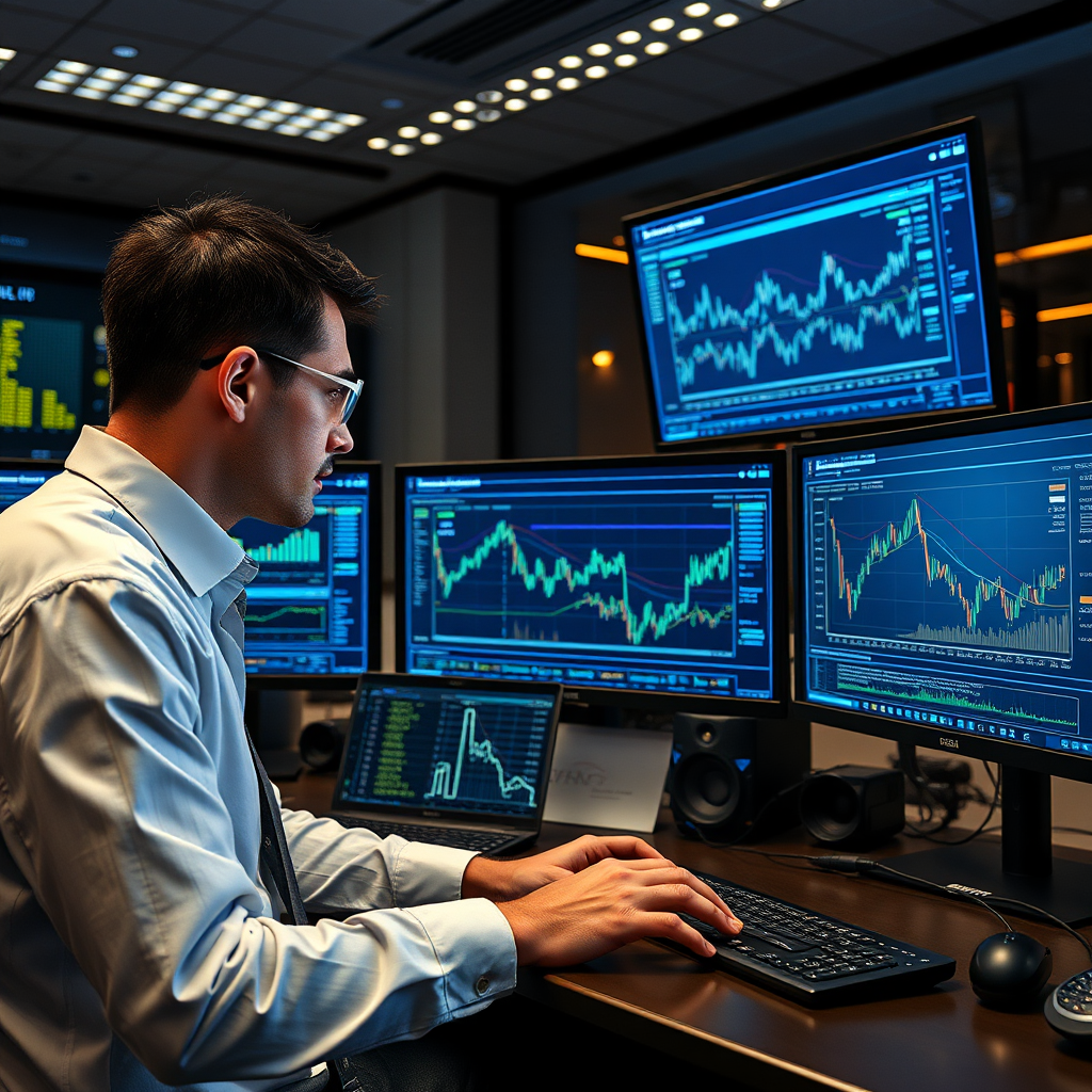 Digital forensics expert analyzing cryptocurrency blockchain transactions and fraud patterns on multiple computer monitors in a high-tech investigation room
