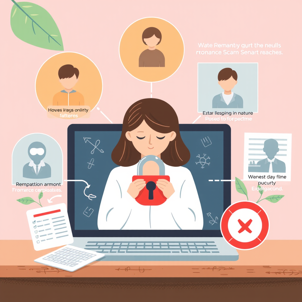 Digital security and fraud prevention illustration showing protective measures against online romance scams and fraudulent schemes