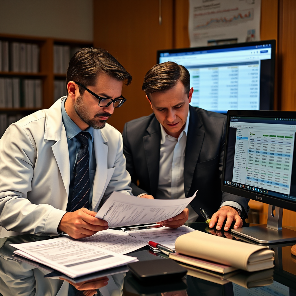 Forensic accountant and legal investigator working together to trace stolen assets, examining financial documents, computer screens showing fund transfers, and asset freezing orders