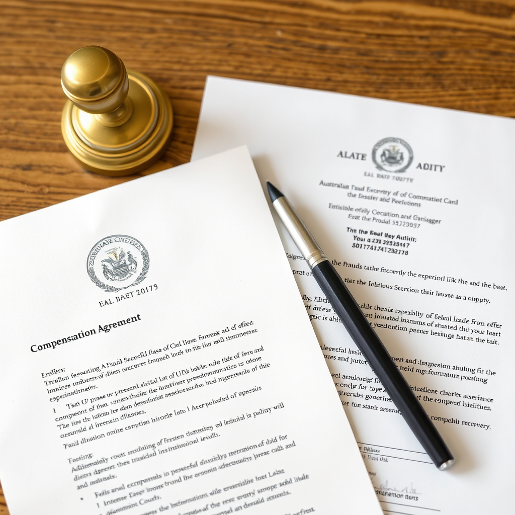 Legal documents showing successful fraud recovery case with Australian court seal and compensation agreement