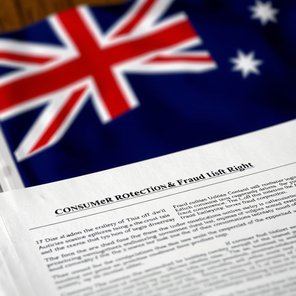 Close-up of official Australian government legislation documents on a desk with the Australian flag in the background, showing legal text about consumer protection and fraud victim rights