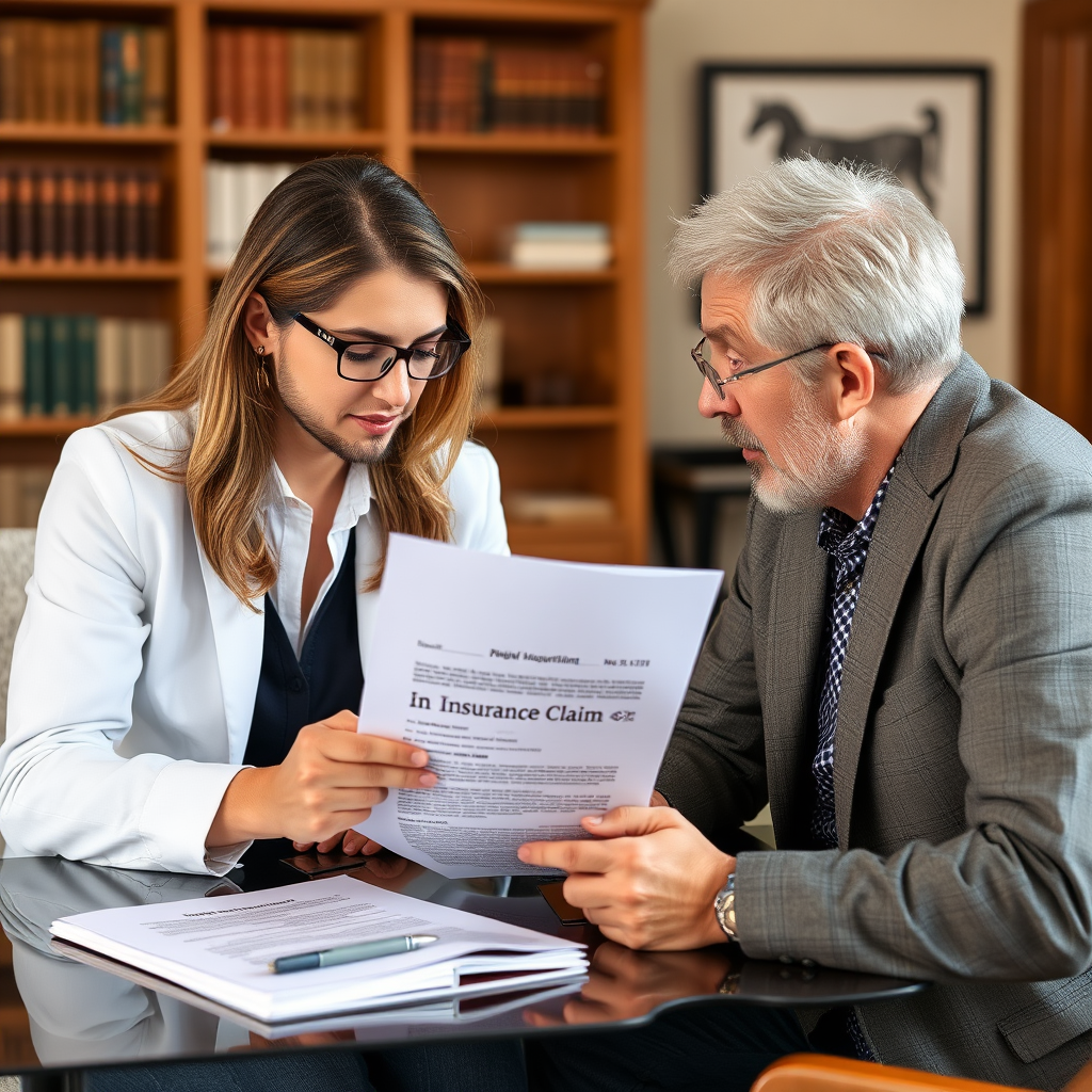 Legal expert helping fraud victim with insurance claim documentation, reviewing policy papers, preparing appeal documents, and negotiating with insurance company representatives