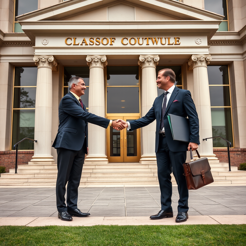 Professional lawyers in business suits shaking hands outside a modern courthouse building, with legal documents and briefcases visible, representing successful class action lawsuit victory for fraud victims