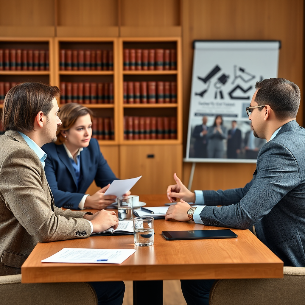 Strategic legal consultation meeting with financial crime specialist, discussing investment fraud, cybercrime prevention, identity theft protection, and risk assessment strategies for businesses and individuals